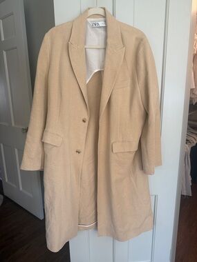 Zara Beige linen Long Tailored Trench Coat L